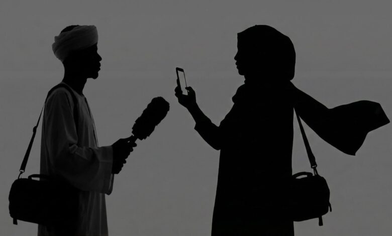 مراسلان ميدانيان يتبادلان الحديث أثناء تغطية صحفية في دارفور